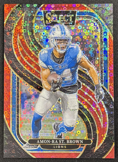 Amon-Ra St. Brown 2024 Panini Select Premier Red Disco Prizm /49 Lions