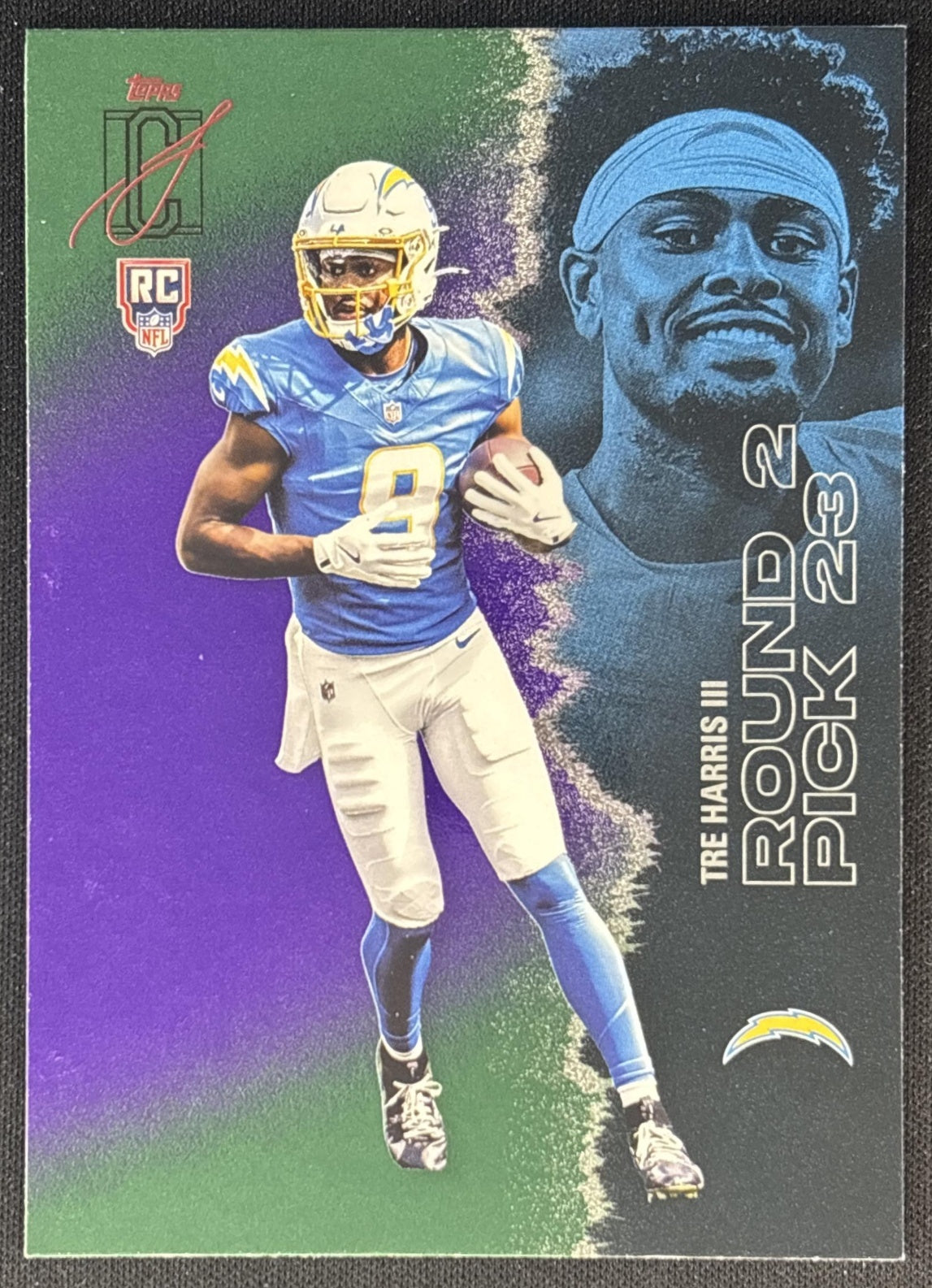 Tre Harris III 2025 Topps Signature Class Rookie Green & Purple Foil Chargers front