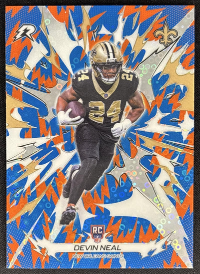 Devin Neal 2025 Topps Resurgence Blue and Orange Spark Refractor Saints Sports Trading Card