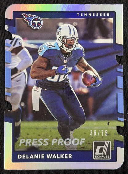 Front of Delanie Walker 2017 Panini Donruss Press Proof Silver Die Cut /75 Titans sports trading card