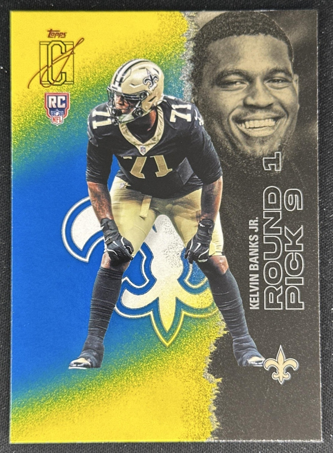 Kelvin Banks Jr. 2025 Topps Signature Class Rookie Blue & Yellow Foil Saints front