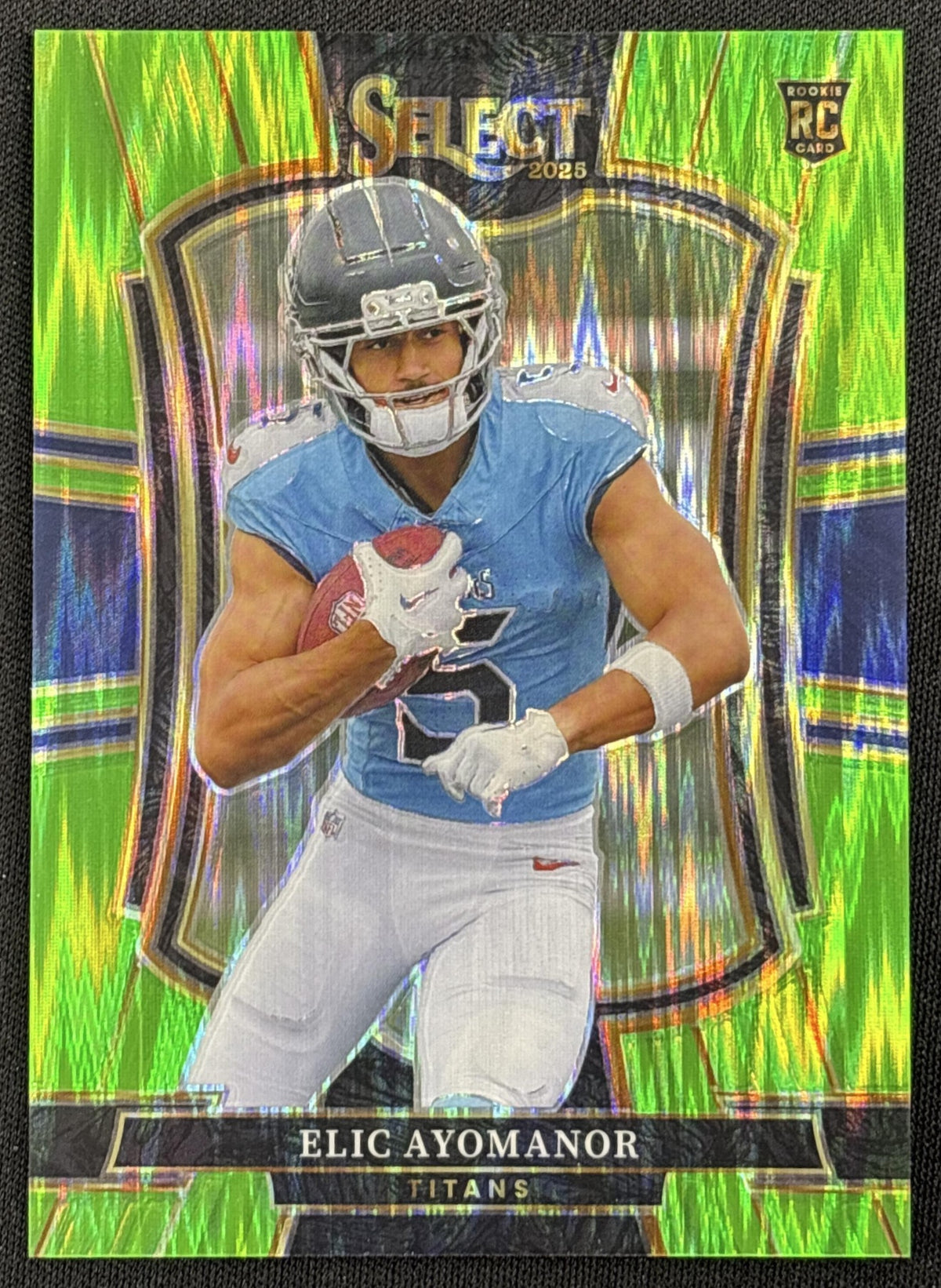 Elic Ayomanor 2025 Panini Select Premier Level Neon Green Prizm Shock /699 Titans