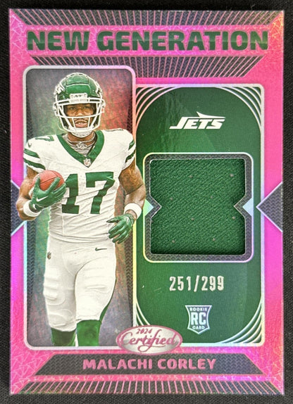 Malachi Corley 2024 Certified New Generation Jerseys Mirror Pink /299 Jets