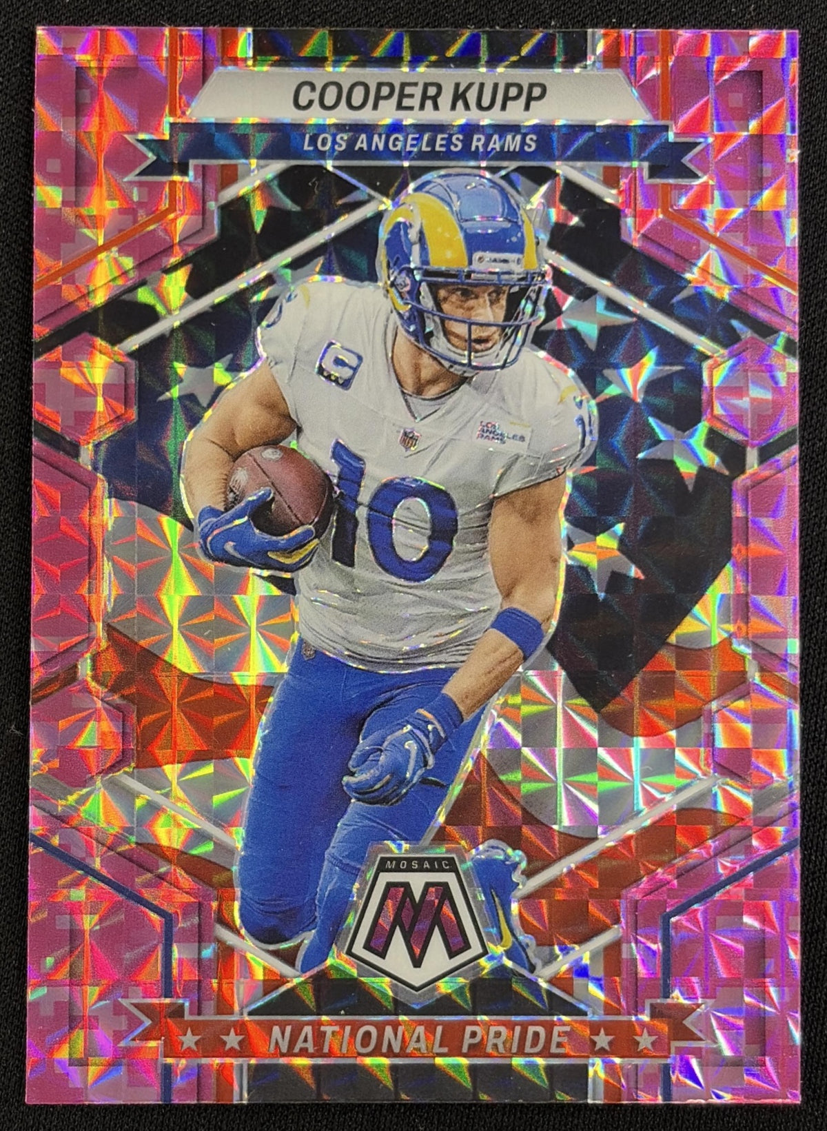 Front of Cooper Kupp 2023 Panini Mosaic Camo Pink Mosaic Rams sports trading card