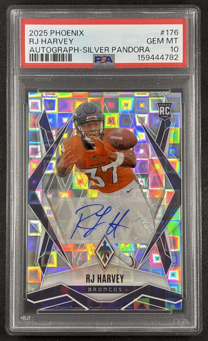 RJ Harvey 2025 Panini Phoenix Rookies Auto Silver Pandora Prizm PSA 10 Broncos Denver Broncos