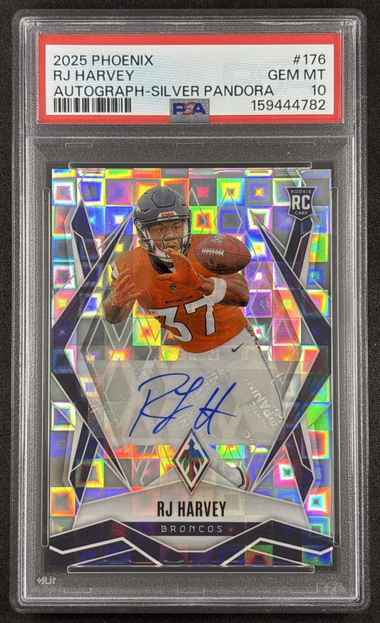 RJ Harvey 2025 Panini Phoenix Rookies Auto Silver Pandora Prizm PSA 10 Broncos Denver Broncos Sports Trading Cards