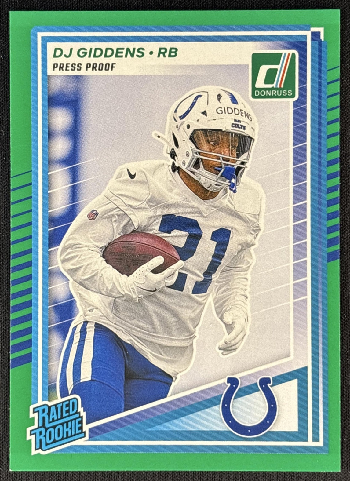 DJ Giddens 2025 Panini Donruss Rated Rookie Press Proof Green Colts front