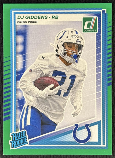 DJ Giddens 2025 Panini Donruss Rated Rookie Press Proof Green Colts Sports Trading Cards