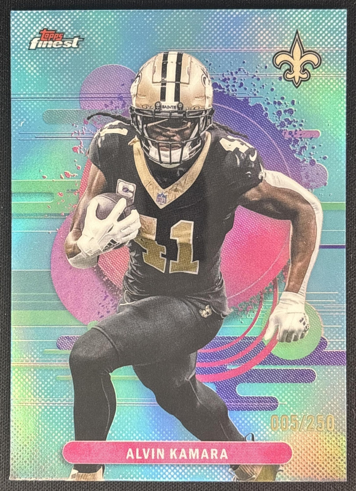 Alvin Kamara 2025 Topps Finest Uncommon Sky Blue Refractor /250 Saints front