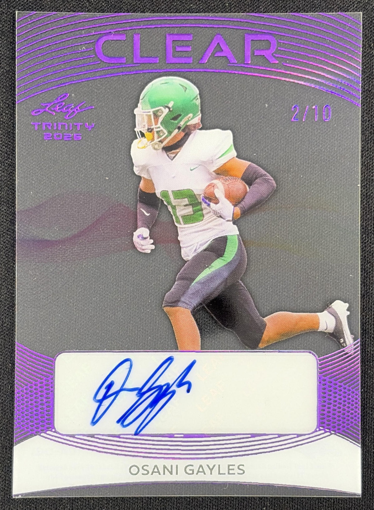 Osani Gayles 2026 Leaf Trinity Clear Auto Purple /10 Sports Trading Card