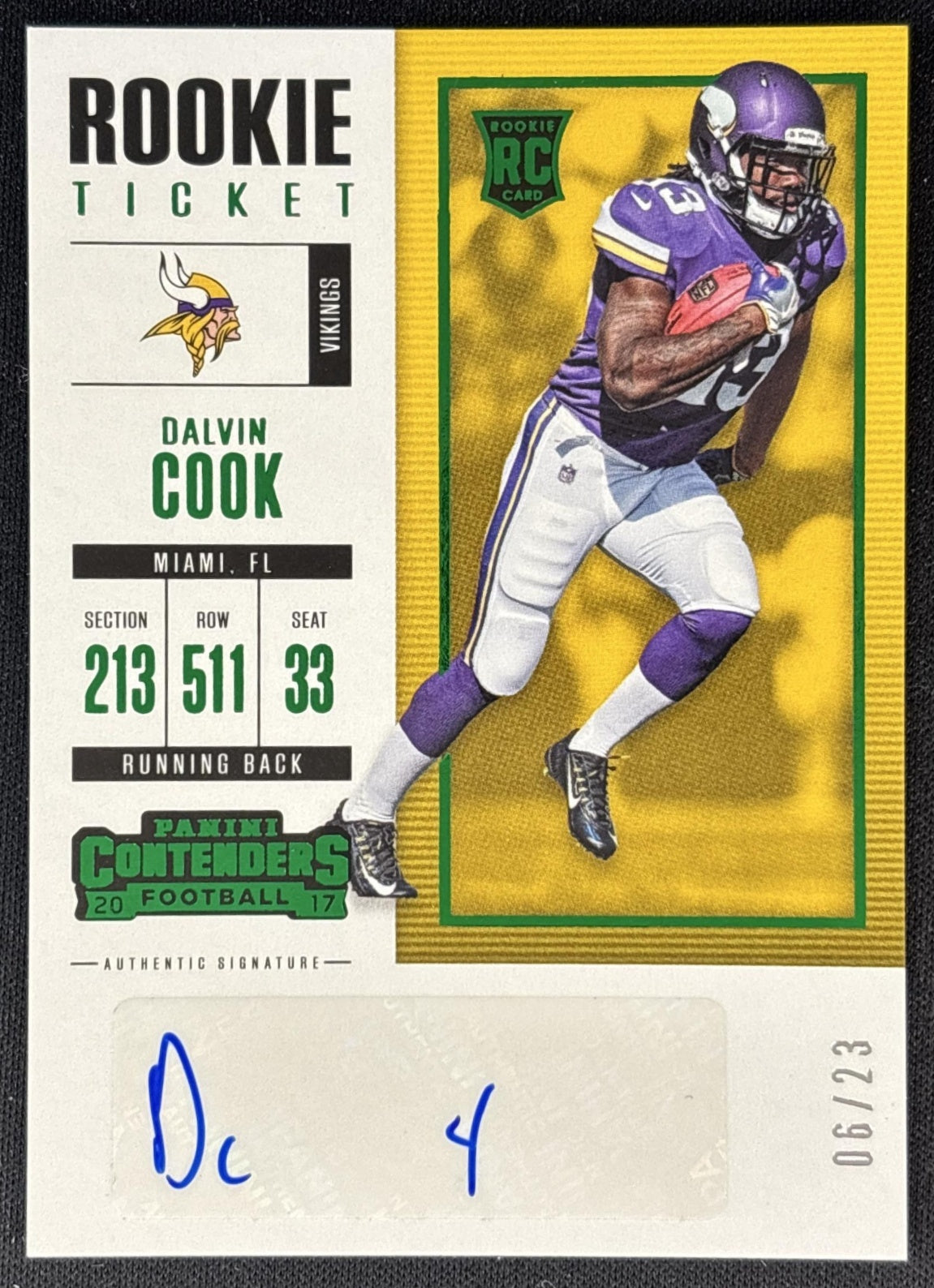 Dalvin Cook 2017 Panini Playoff Rookie Ticket RPS Preview /23 Vikings Front
