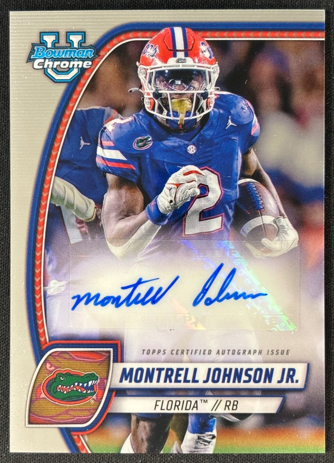 Front of Montrell Johnson Jr. 2024 Chrome University Prospect Auto Gators sports trading card