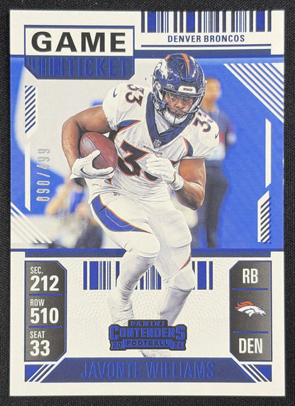 Javonte Williams 2024 Panini Contenders Game Ticket Blue /499 Denver Broncos