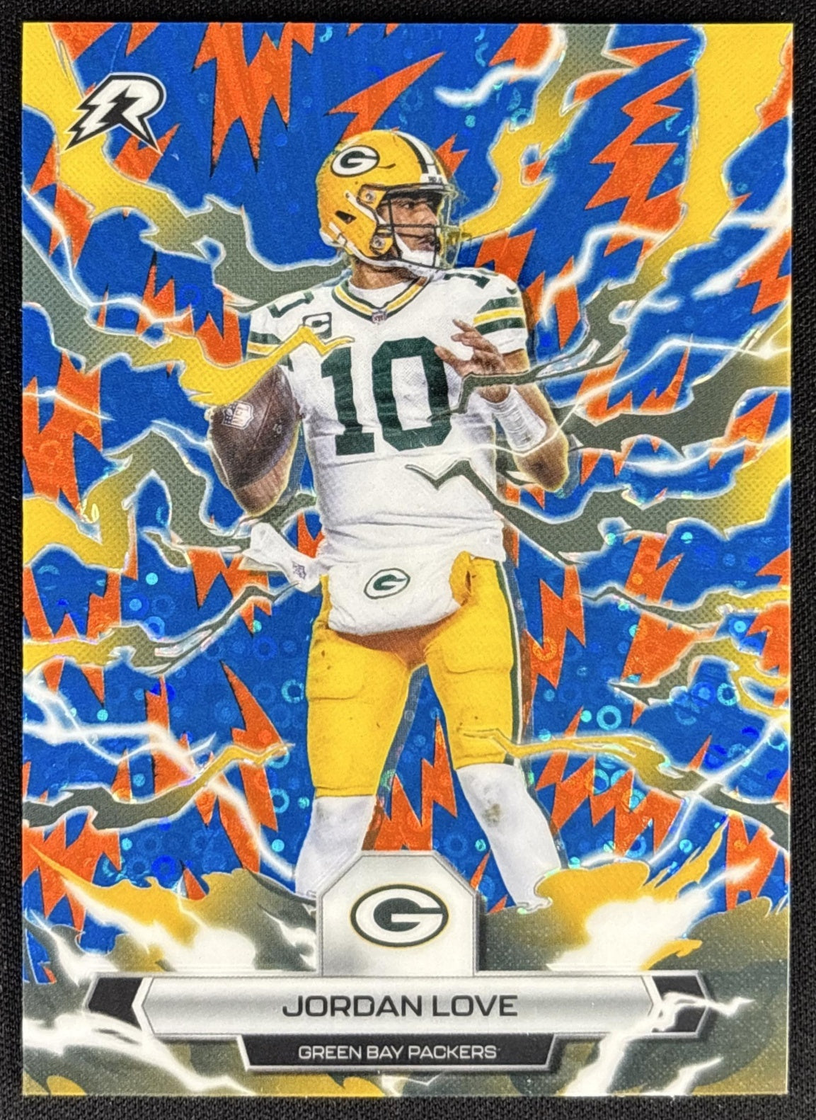Jordan Love 2025 Topps Resurgence Blue and Orange Spark Refractor Packers