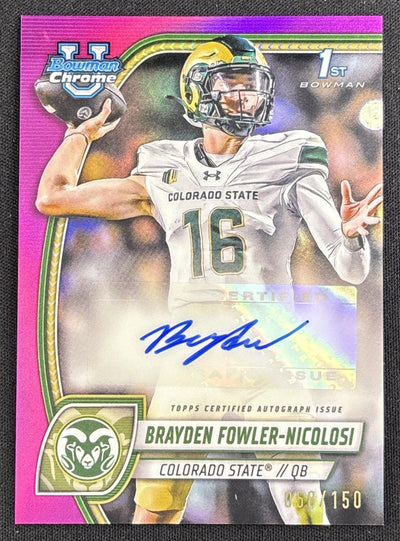 Brayden Fowler-Nicolosi 2024 Bowman Chrome University Prospect Auto Fuchsia Refractor /150 Rams