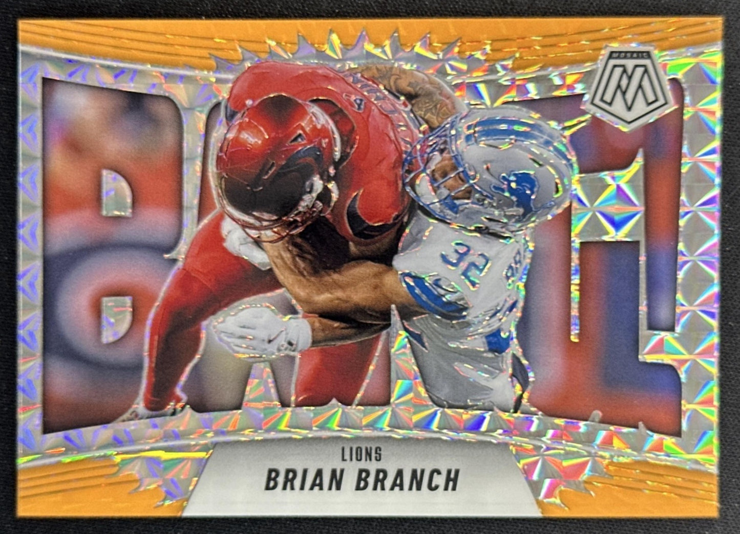Brian Branch 2025 Panini Mosaic Bang! Orange Fluorescent Prizm Lions Default Title Sports Trading Cards