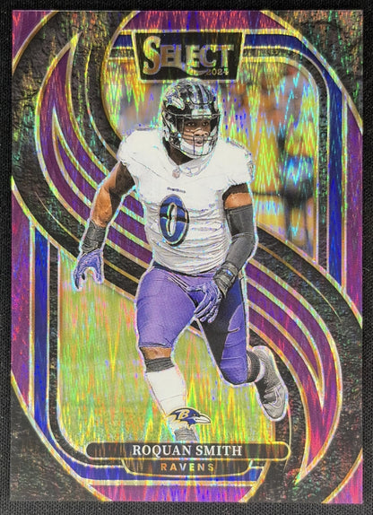 Roquan Smith 2024 Panini Select Premier Purple Prizm Shock /360 Ravens front