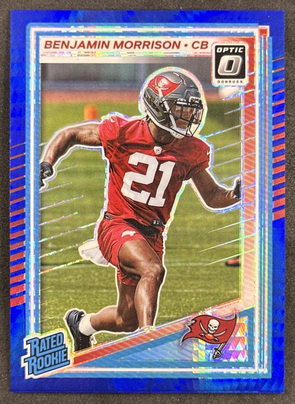 Benjamin Morrison 2025 Donruss Optic Rated Rookie Blue Hyper Prizm Buccaneers front