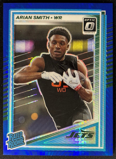Arian Smith 2025 Donruss Optic Rated Rookie Blue Hyper Prizm Jets Sports Trading Card