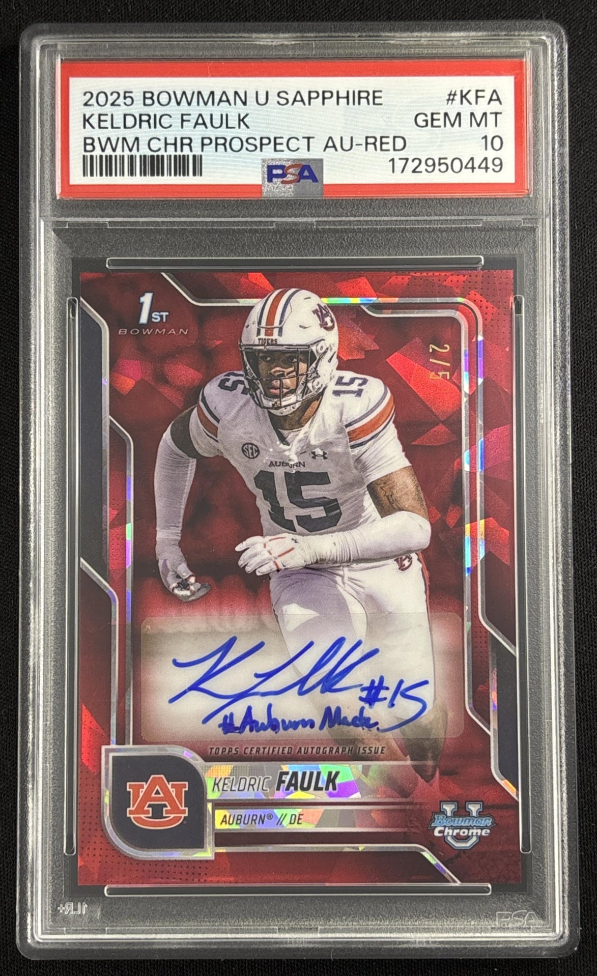 Keldric Faulk 2025 Bowman Chrome University Sapphire Prospect Auto Red Refractor /5 PSA 10 Tigers Sports Trading Card