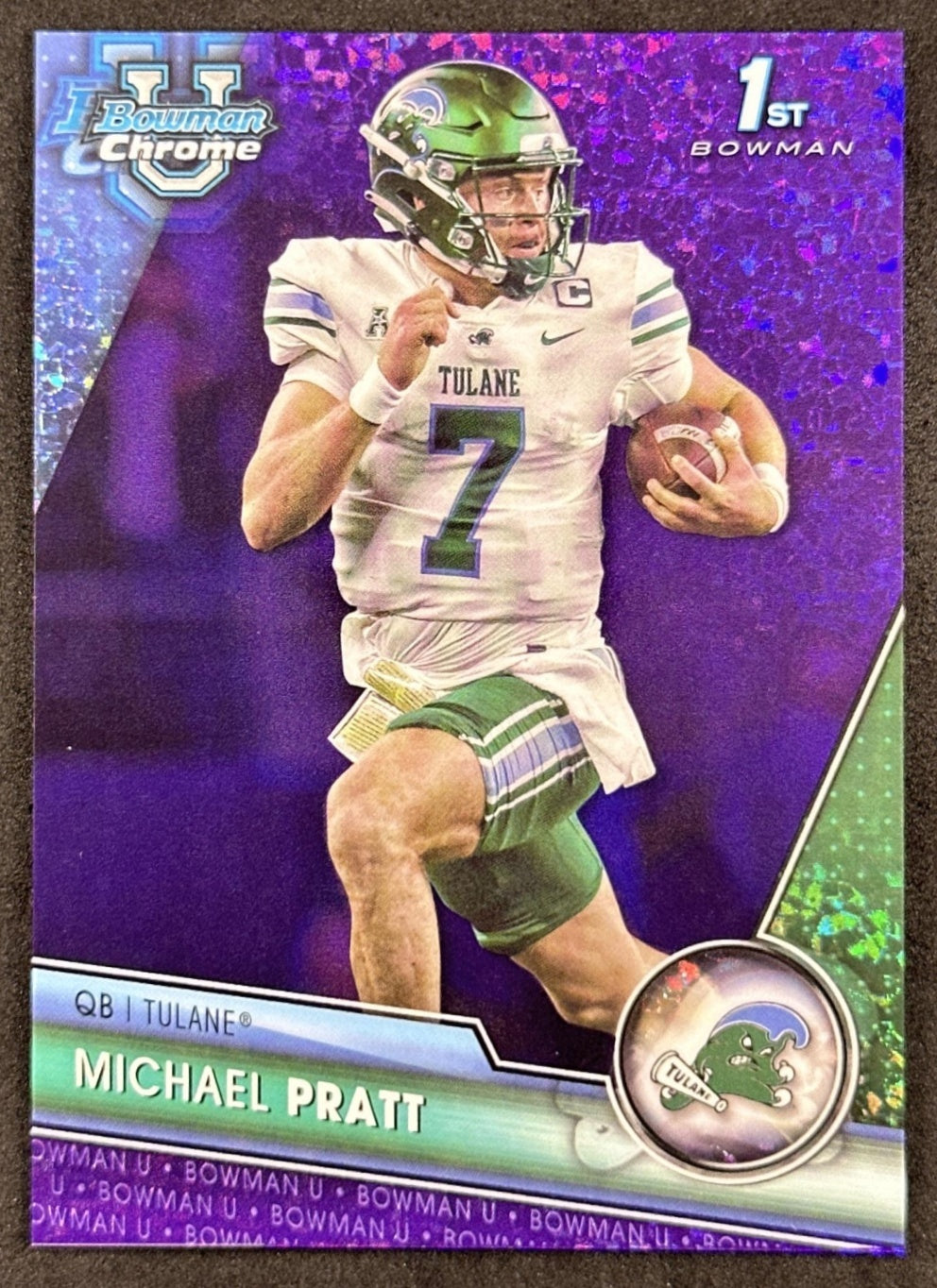 Michael Pratt 2023 University Chrome Purple Mini Diamond Refractor /399 Green Wave