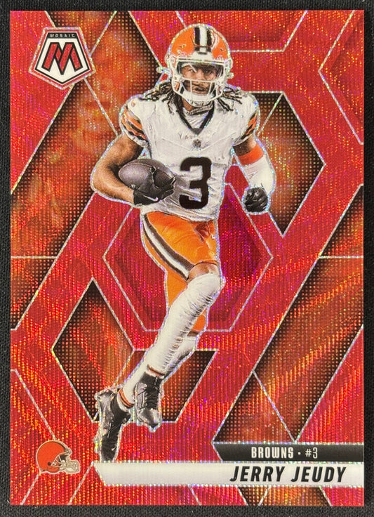 Front of Jerry Jeudy 2025 Mosaic Red Wave /27 Prizm Browns sports trading card