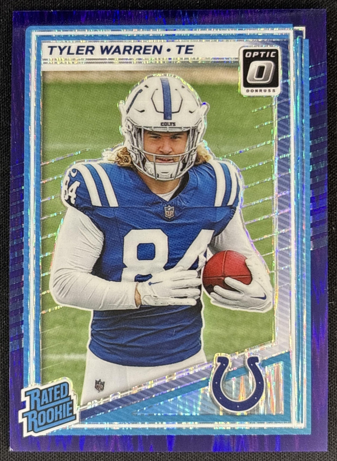 Tyler Warren 2025 Panini Donruss Optic Rated Rookie Purple Shock Prizm Colts front