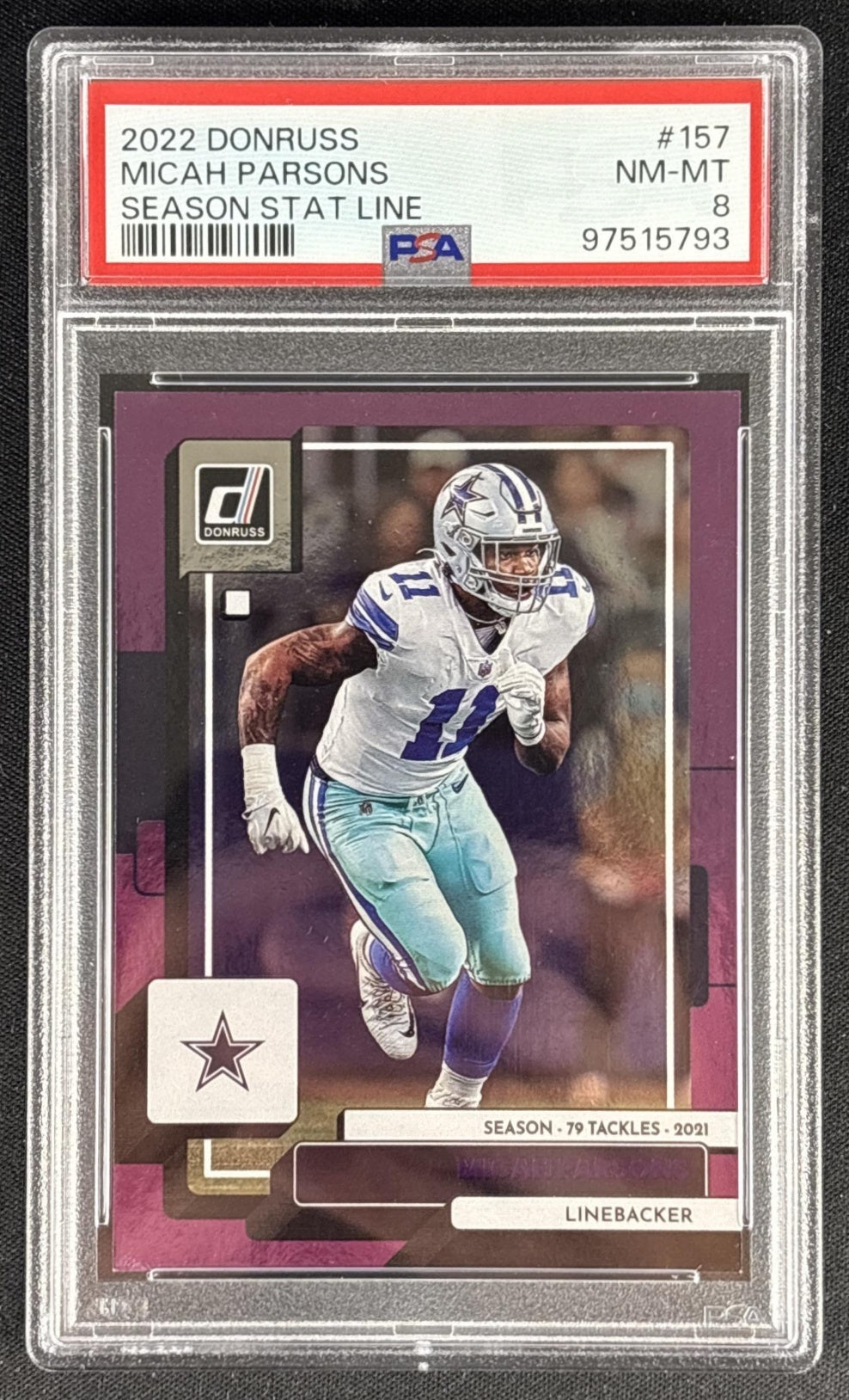 Micah Parsons 2022 Panini Donruss Season Stat Line /79 PSA 8 Cowboys Sports Trading Card