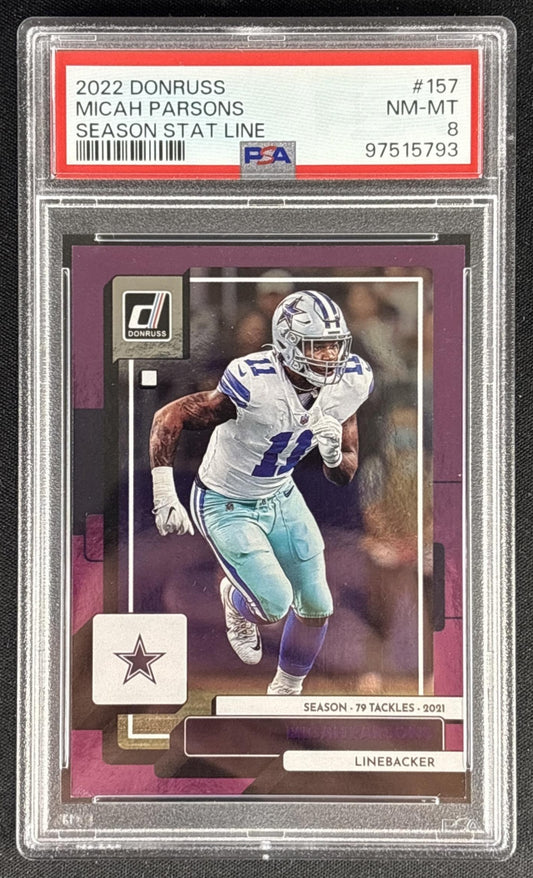 Micah Parsons 2022 Panini Donruss Season Stat Line /79 PSA 8 Cowboys Sports Trading Card