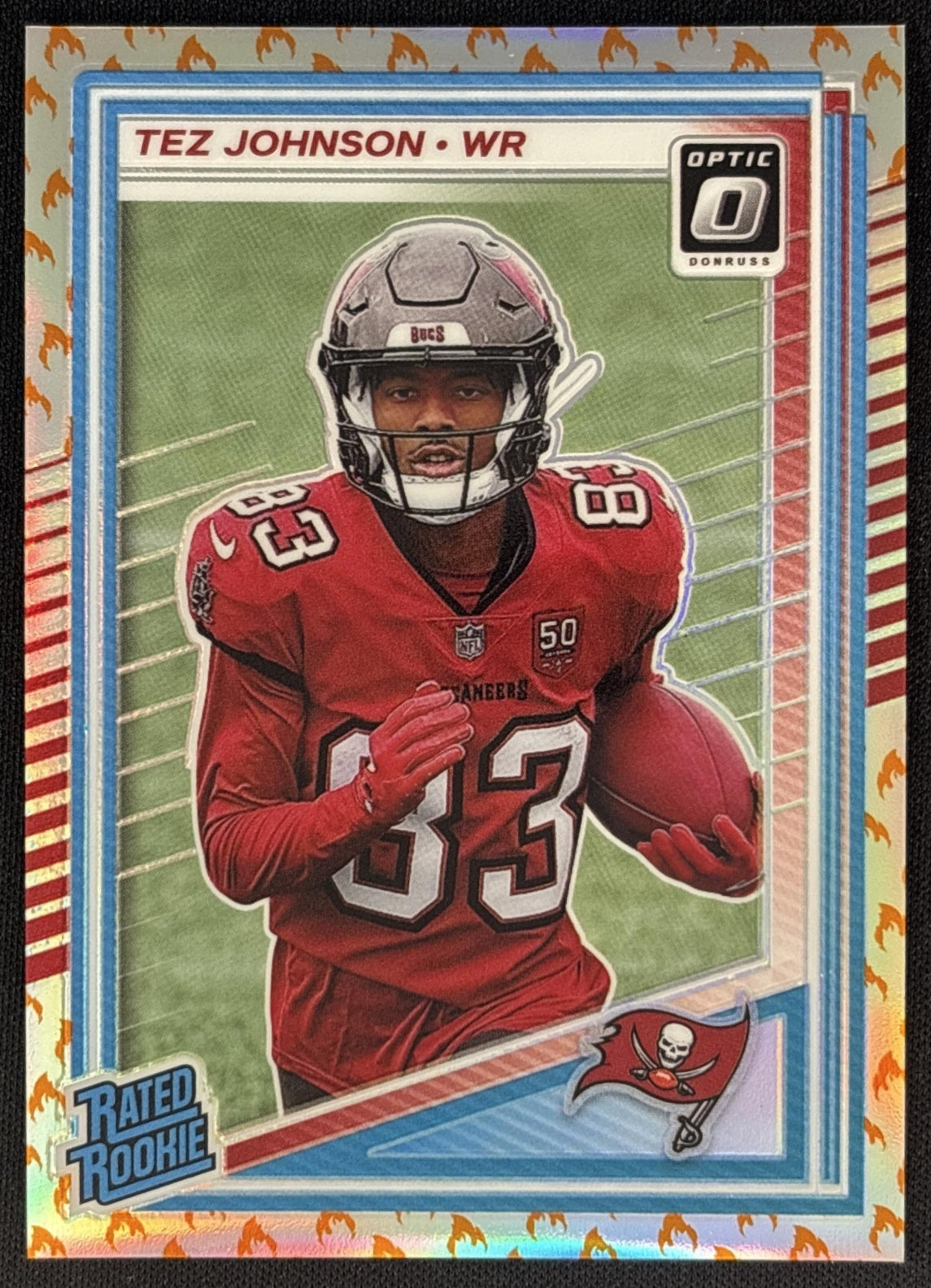 Tez Johnson 2025 Panini Donruss Optic Rated Rookie Fire Prizm Buccaneers