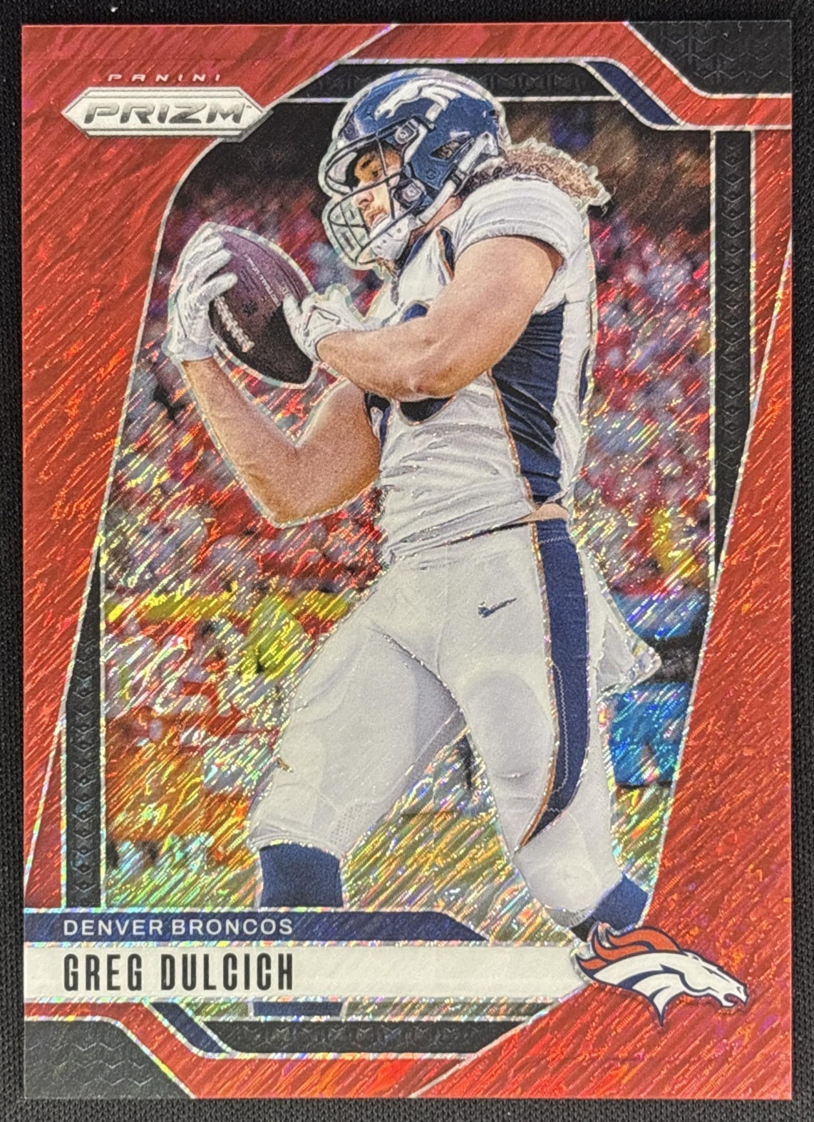 Greg Dulcich 2024 Panini Prizm Red Shimmer /35 Broncos Sports Trading Cards
