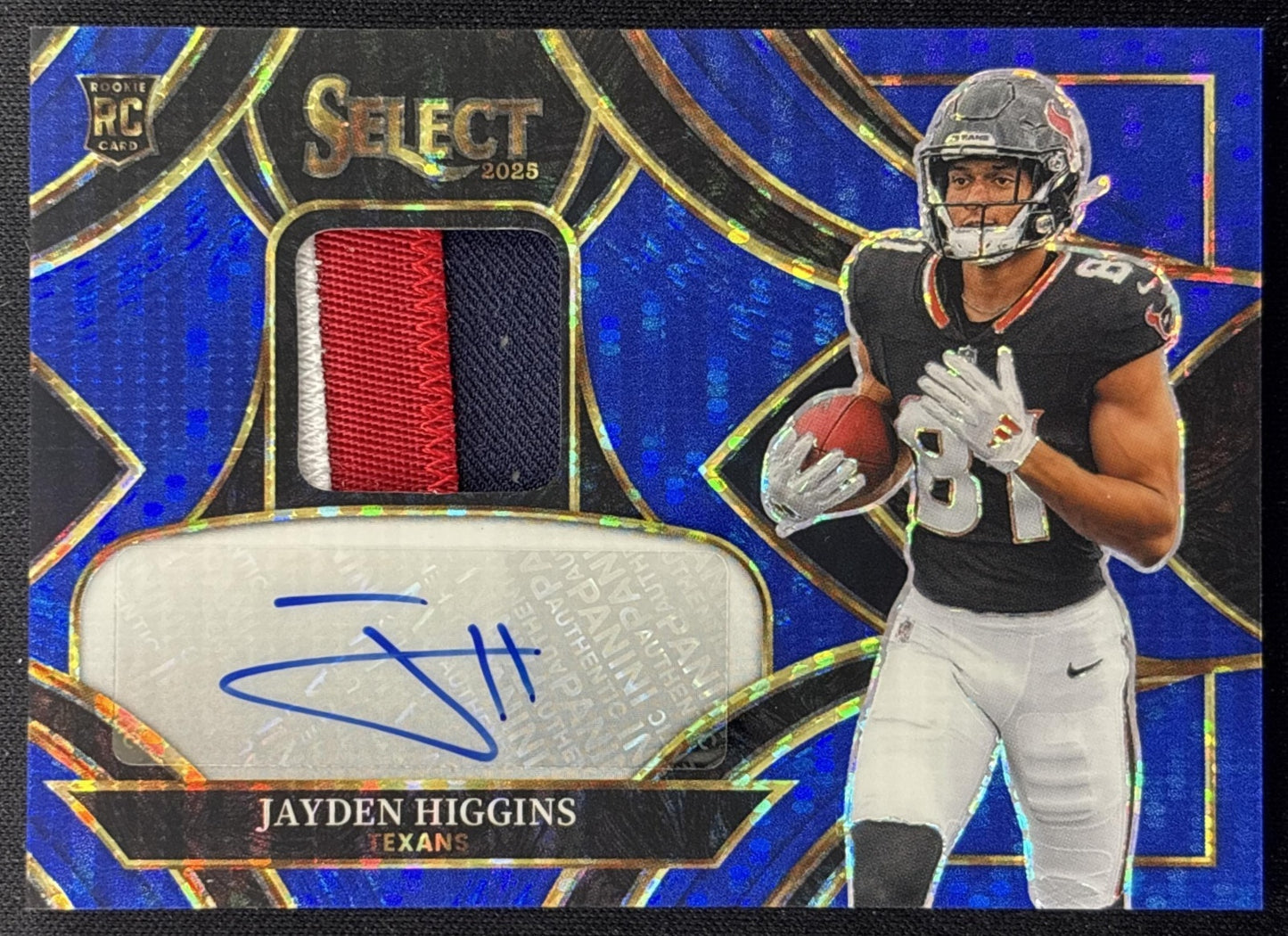 Jayden Higgins 2025 Select Rookie Signature Memorabilia Disco Prizm /45 Texans front