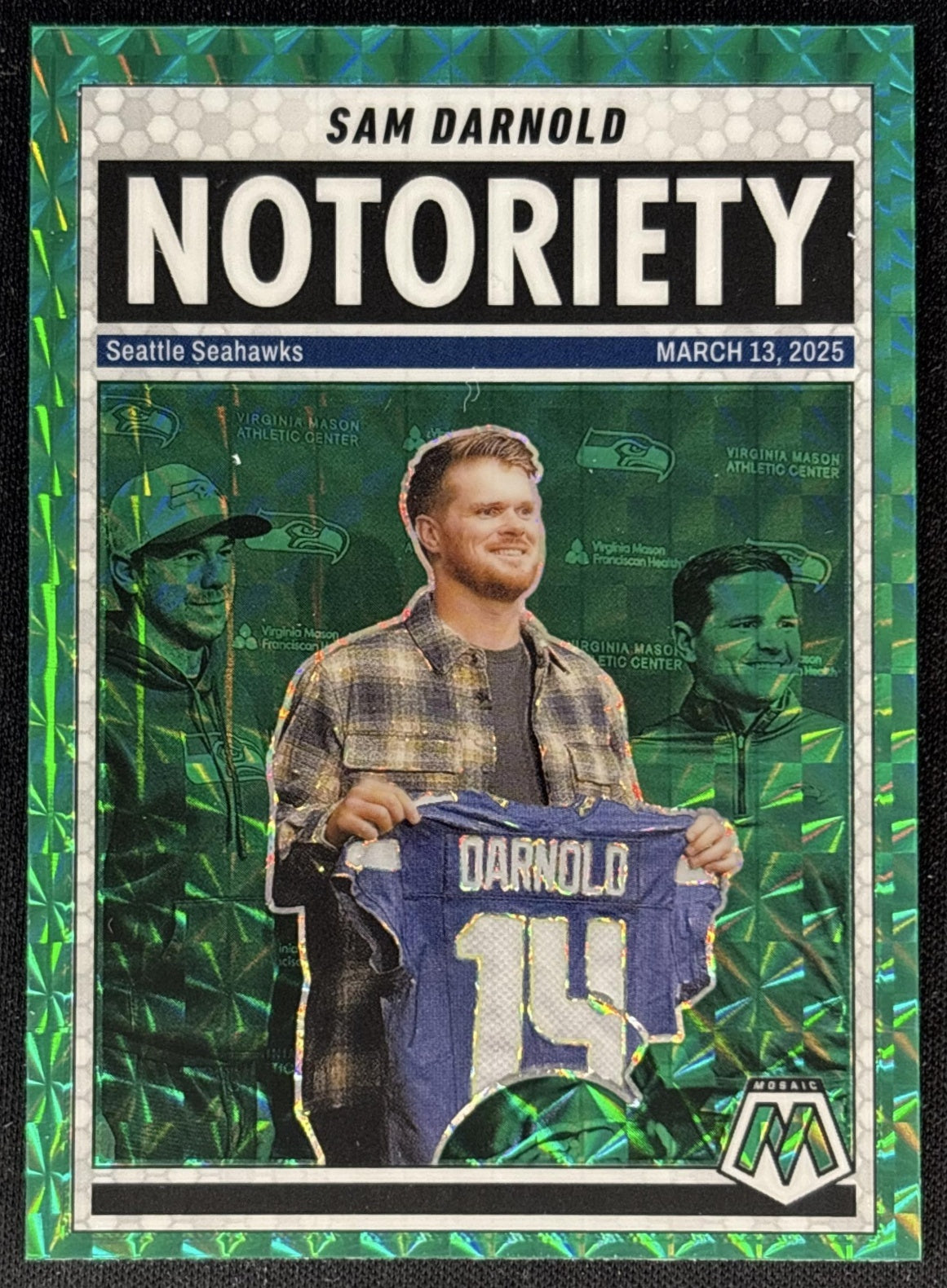Sam Darnold 2025 Panini Mosaic Notoriety Green Prizm Seahawks