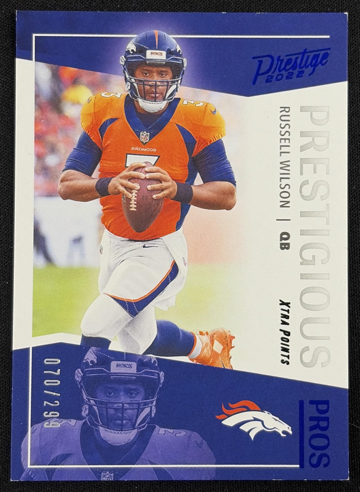 Russell Wilson 2022 Panini Prestige Prestigious Pros Xtra Points Blue /299 Broncos - front