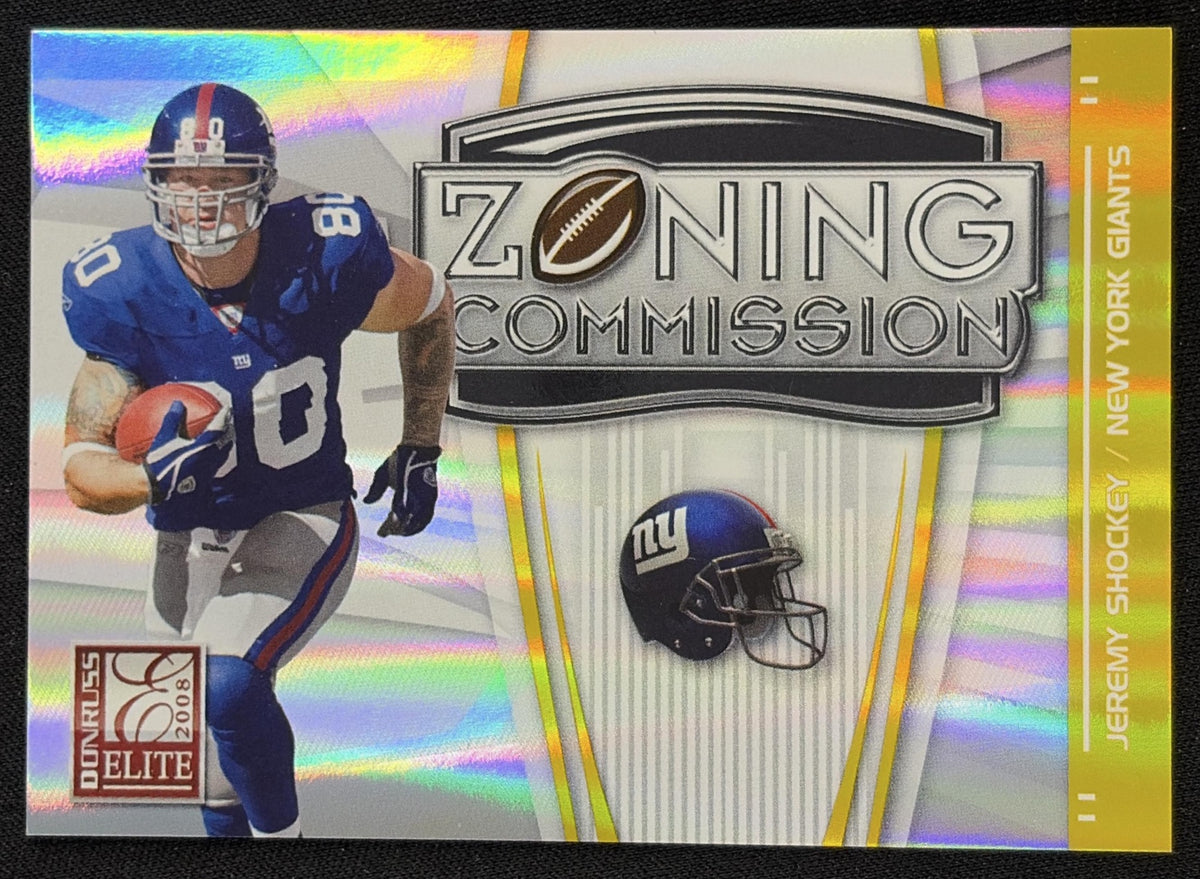 Front of Jeremy Shockey 2008 Donruss Elite Zoning Commission Gold /800 Giants sports trading card