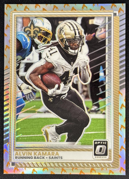 Alvin Kamara 2025 Panini Donruss Optic Fire Prizm Saints Sports Trading Cards