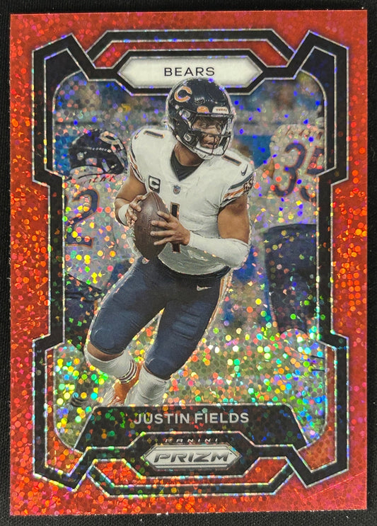 Justin Fields 2023 Prizm Red Sparkle Bears sports trading card