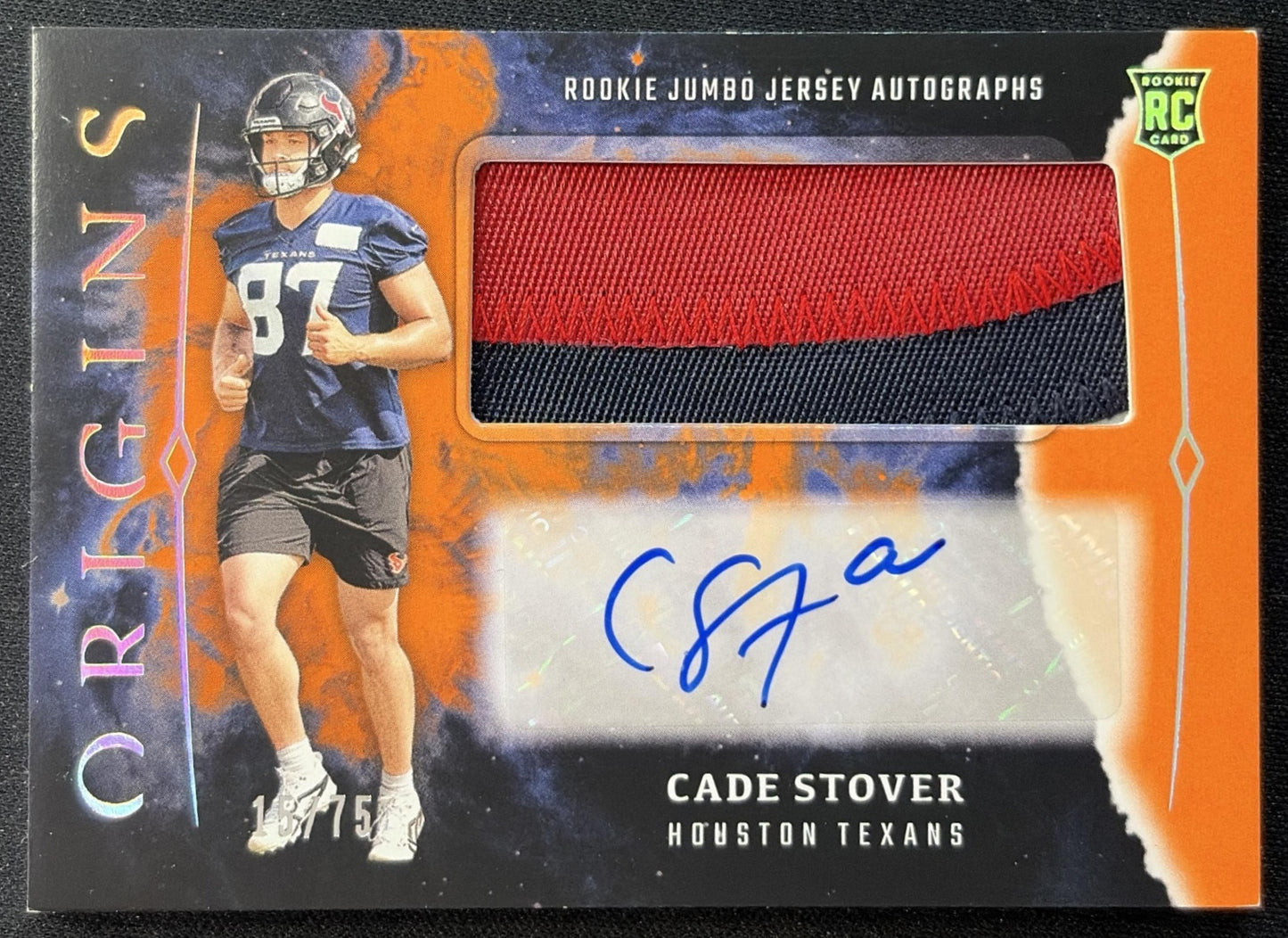 Cade Stover 2024 Panini Origins Rookie Jumbo Jersey Auto Orange Patch /75 Texans front