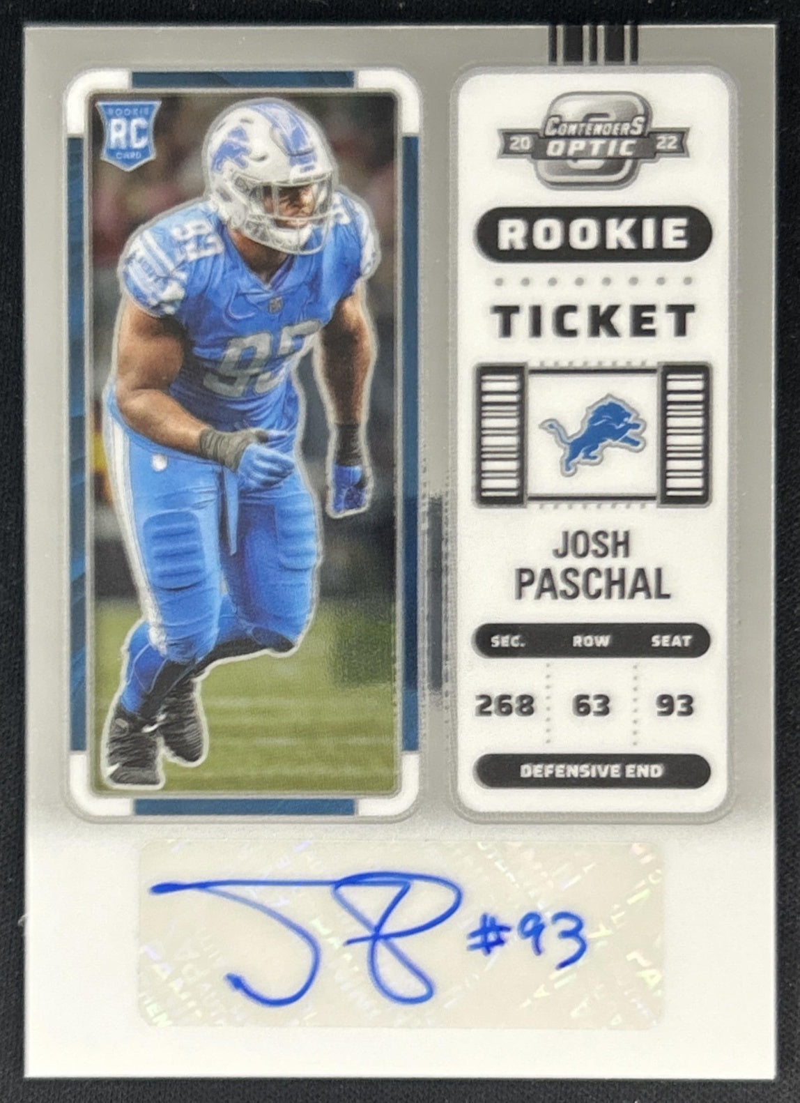 Josh Paschal 2022 Panini Contenders Optic Rookie Ticket Auto Lions front