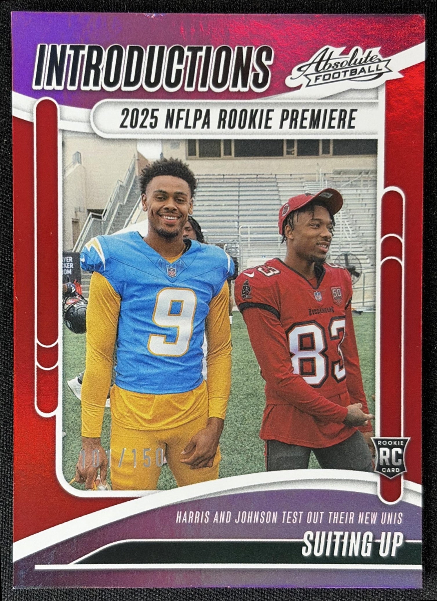 Suiting Up 2025 Panini Absolute Introductions Spectrum Red /150 Chargers Buccaneers