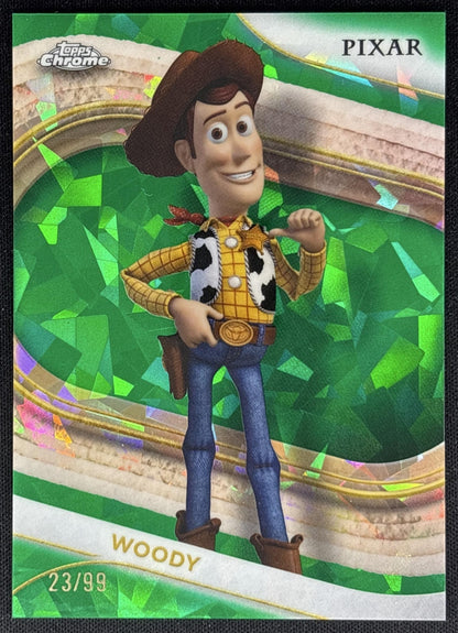 Woody 2025 Topps Chrome Disney Sapphire Green Refractor /99 Toy Story Sports Trading Card