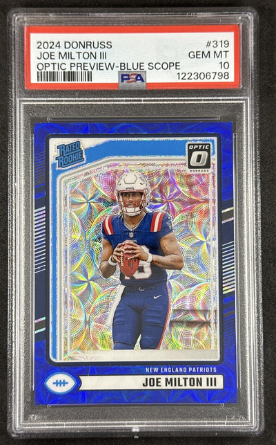 Joe Milton III 2024 Donruss Optic Rated Rookie Preview Blue Scope Patriots PSA 10 Sports Trading Cards