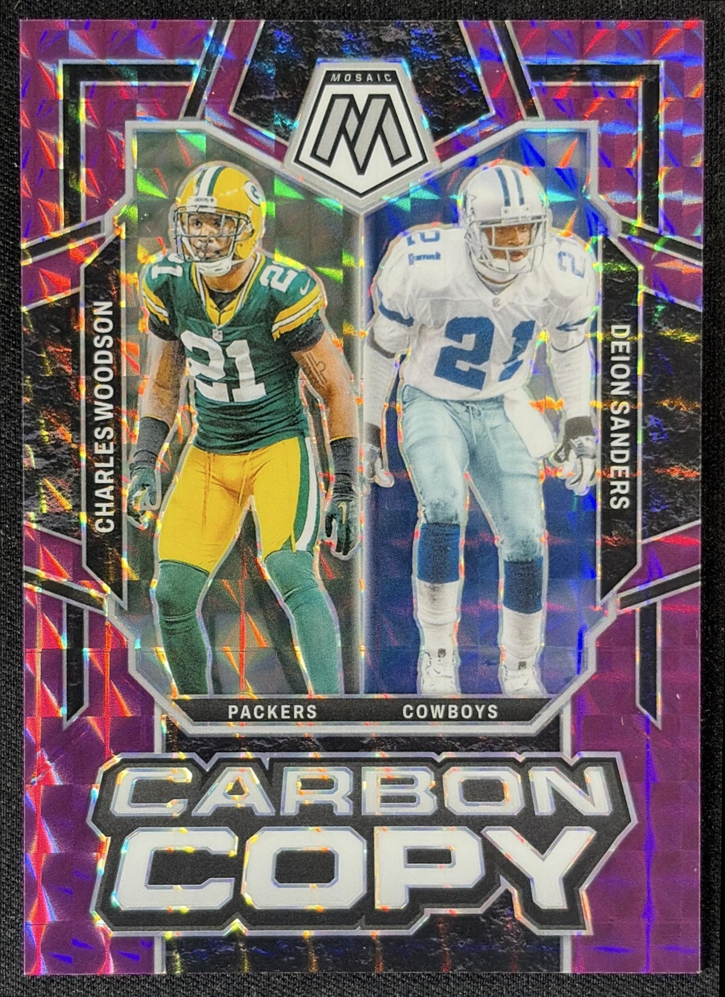 Charles Woodson Deion Sanders 2024 Panini Mosaic Carbon Copy Purple /49 Packers Cowboys