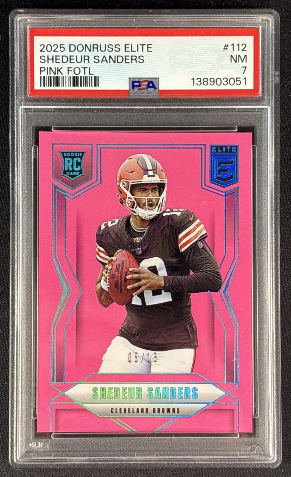 Shedeur Sanders 2025 Panini Donruss Elite Rookie Pink FOTL /13 PSA 7 Browns Sports Trading Cards