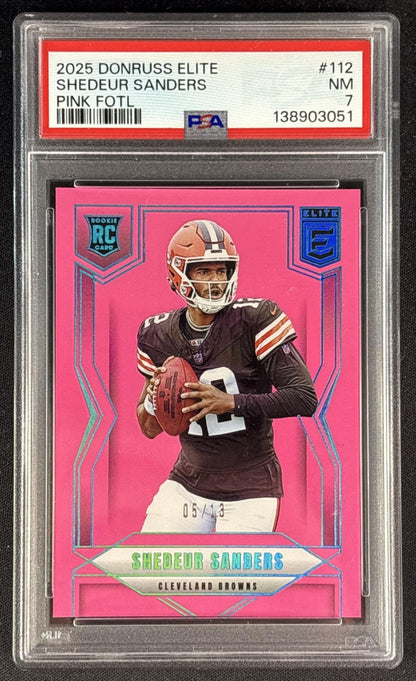 Shedeur Sanders 2025 Panini Donruss Elite Rookie Pink FOTL /13 PSA 7 Browns Sports Trading Cards