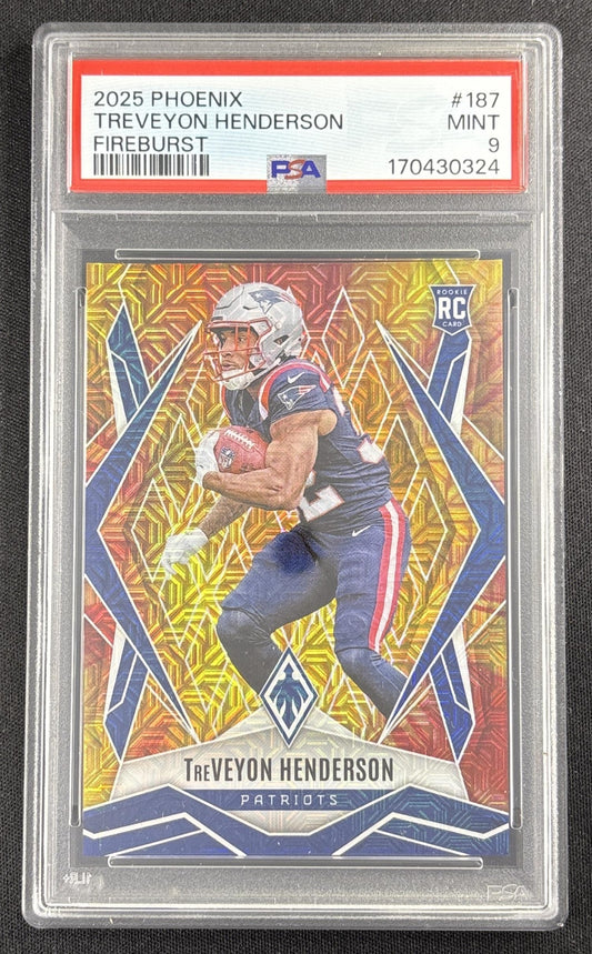 TreVeyon Henderson 2025 Panini Phoenix Fire Burst Prizm /350 PSA 9 Patriots 170430324