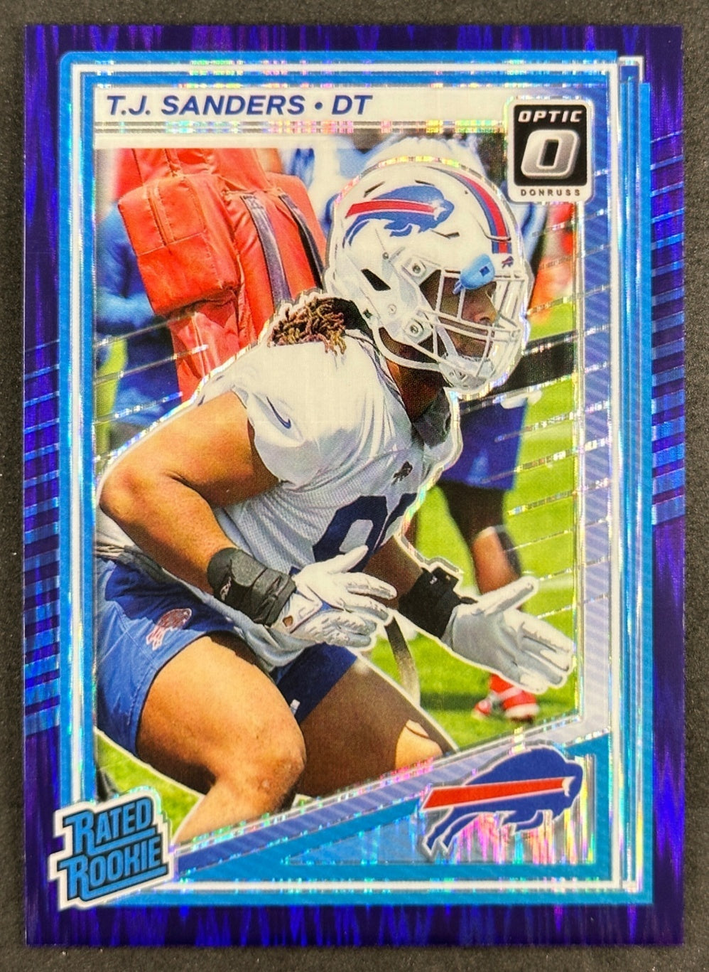 T.J. Sanders 2025 Donruss Optic Rated Rookie Purple Shock Prizm Bills