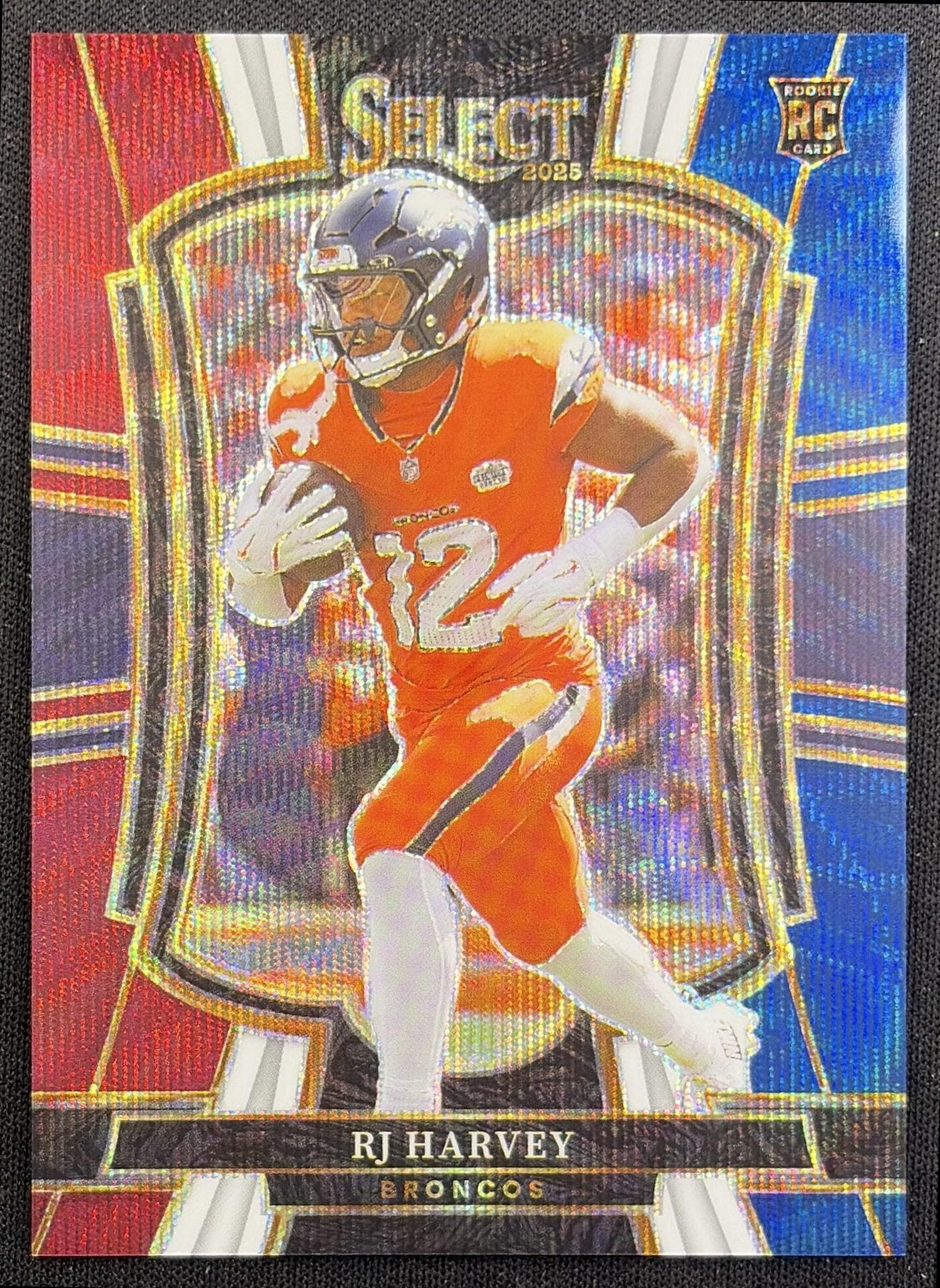 RJ Harvey 2025 Panini Select Premier Level Tri-Color Prizm /299 Broncos Denver Broncos