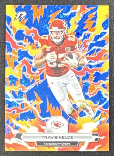 Travis Kelce 2025 Topps Resurgence Blue and Orange Spark Refractor Chiefs Sports Trading Card
