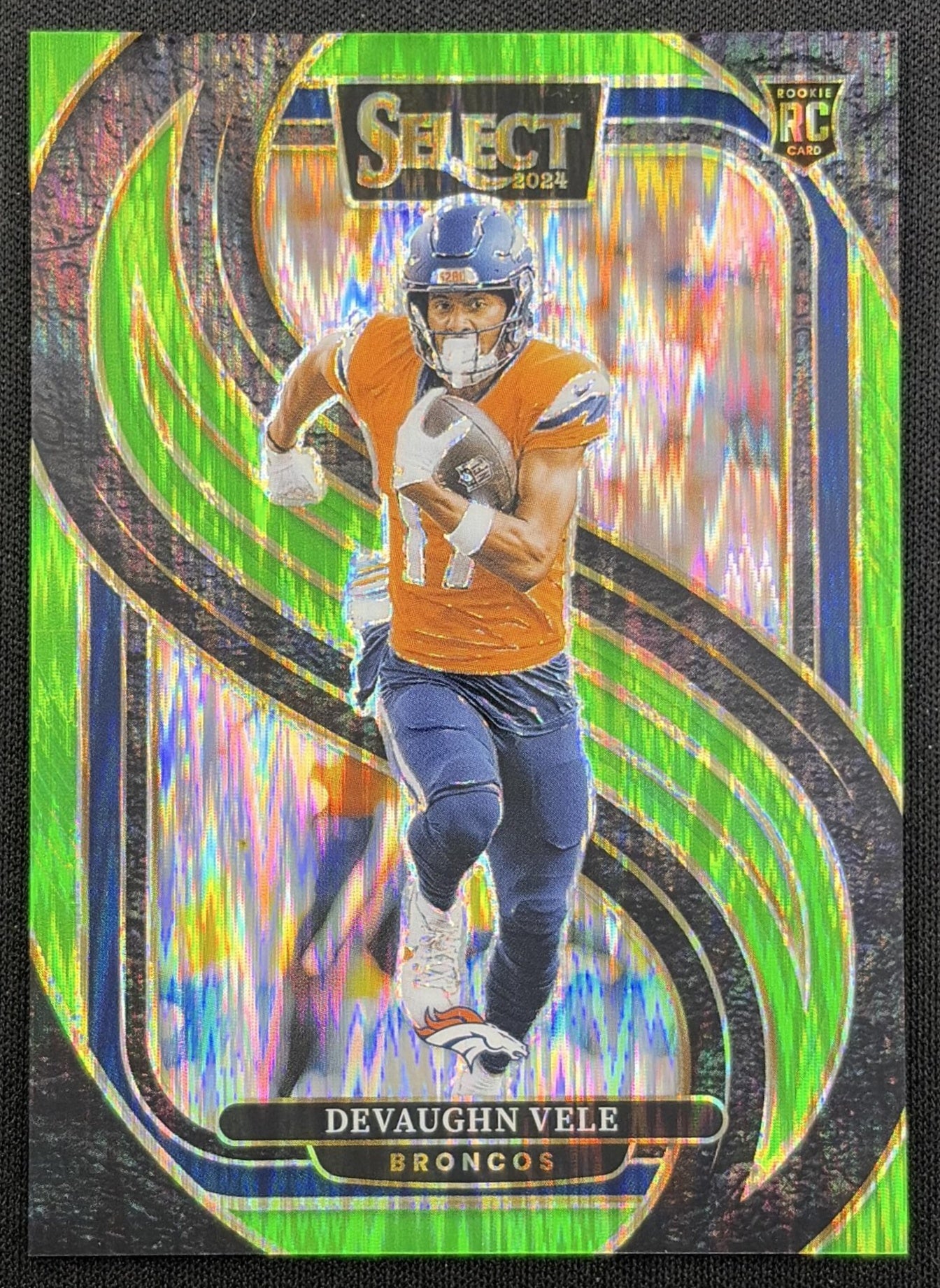 Devaughn Vele 2024 Panini Select Premier Neon Green Prizm Shock /499 Broncos